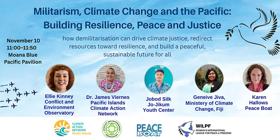 An event flyer for Militarism, climate change and the Pacific: Building resilience, peace and justice.