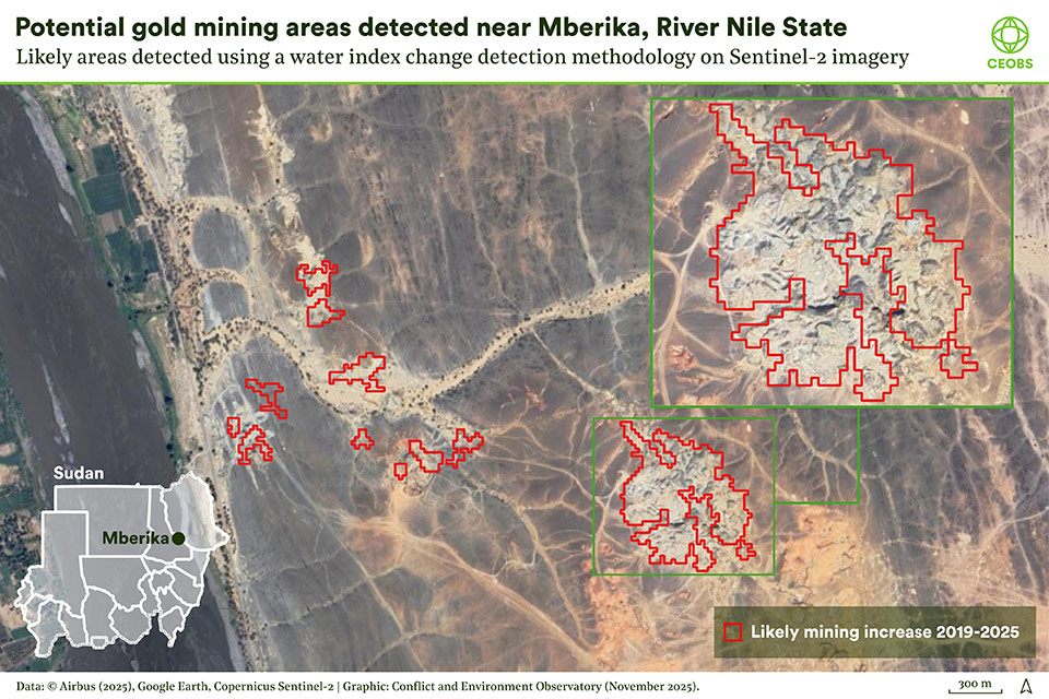Figure showing detected mines near Mberika, River Nile State, on the bank of the Nile, these were identified using the water index method and show an increase between 2019-2025.