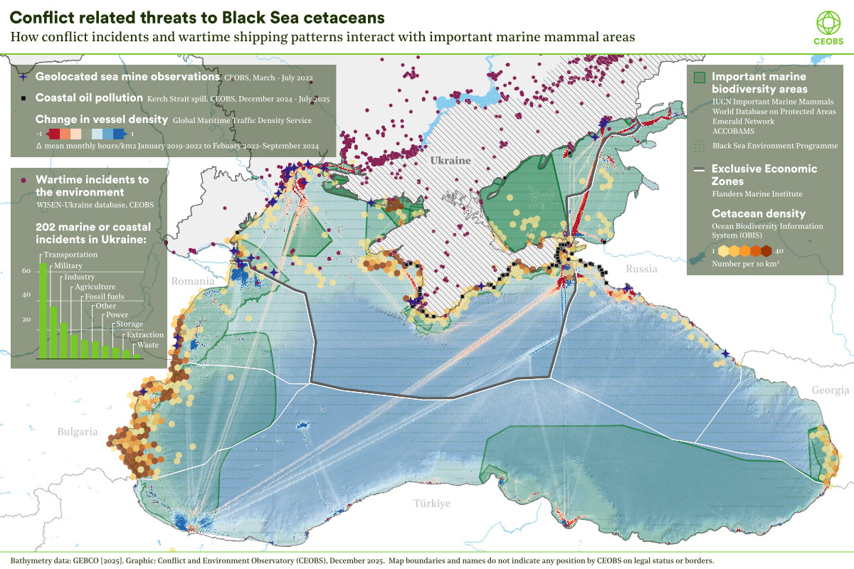 Complex figure, a map of the Black Sea basin showing areas of cetacean sightings, ecologically important areas, locations of conflict incidents, reports of sea mines, and oil pollution from the Kerch Strait spill.