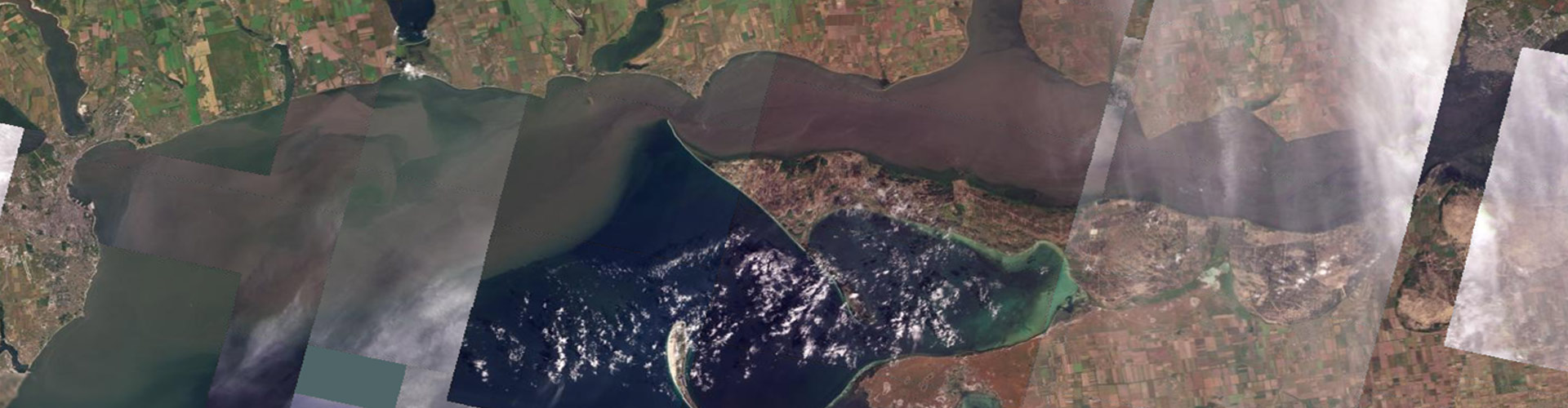 A composite of satellite images showing the plume of brown sediment laden and polluted waters flowing down the Dnipro estuary and into the Black Sea.