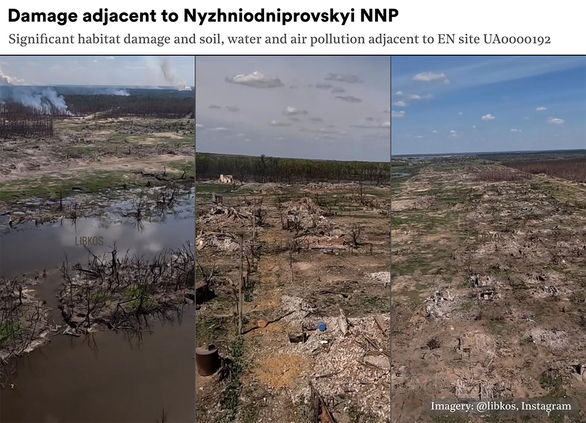 A montage of three drone photos of parts of the Lower Dnipro National Nature Park subject to heavy fighting. All show bare earth, scorched and vegetation reduced to stumps and destroyed buildings.
