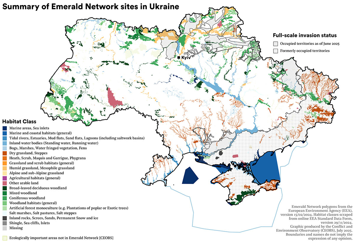 A map of Ukraine showing the location of its terrestrial and marine Emerald Network sites and their primary habitat class. They are distributed very widely, with many following river valleys and other concentrated in border regions. A number of marine sites are located around the Crimean peninsula.