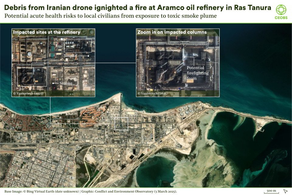 Satellite imagery showing damage to technical equipment at the Ras Tanura oil refinery, and two smouldering smoke plumes.