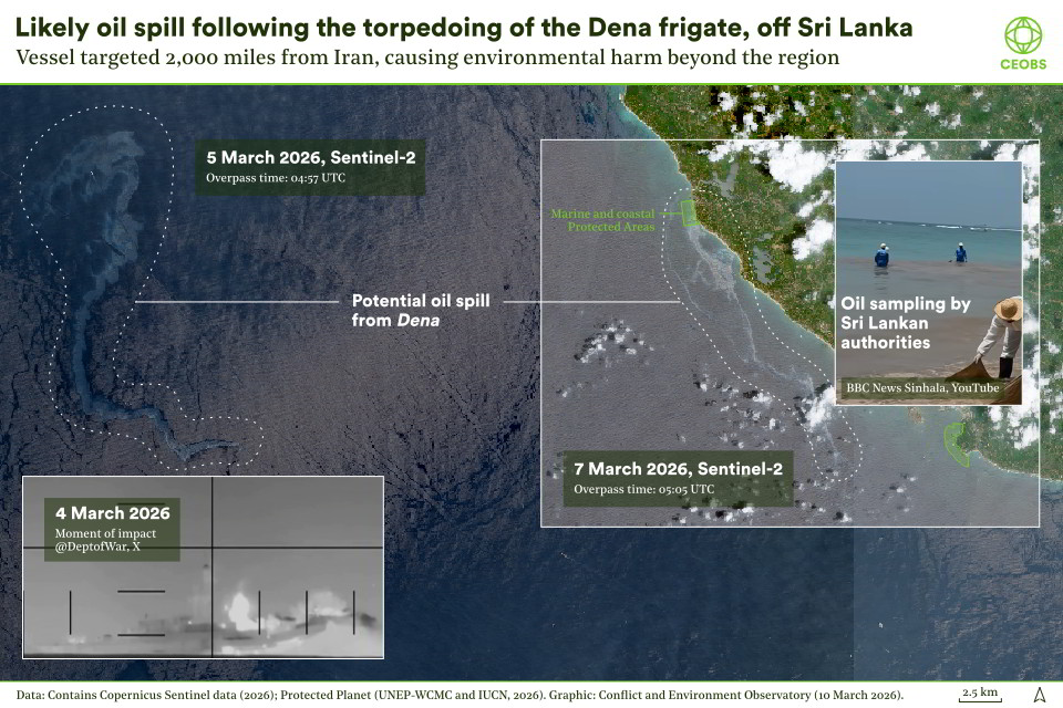 Two satellite images showing an oil spill off the south western coast of Sri Lanka on 5th March, and very close to beaches and protected areas on 7th March, likely caused by the torpedoing of the Iranian navy vessel called Dena.
