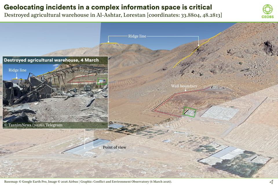 Geolocated incident of a destroyed agricultural warehouse in Al Ashtar, highlighting the importance of verification in complex information spaces.