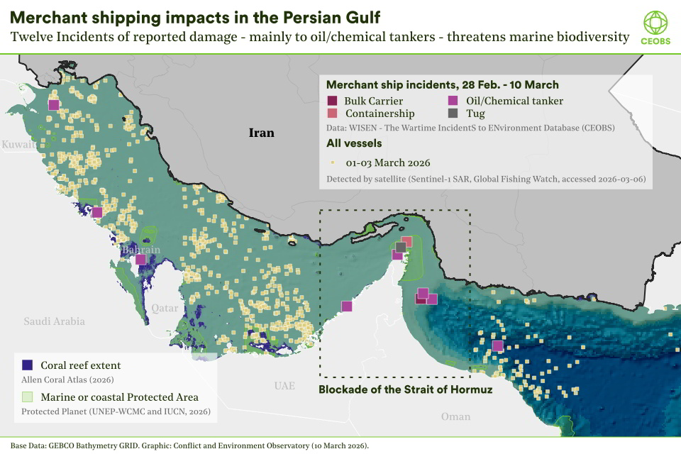 A map of the Persian Gulf showing the locations and types of the merchant ships attacked, and also the presence of no vessels around the Strait of Hormuz between 1st - 3rd March.