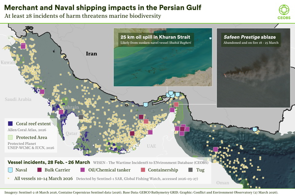 Map of the Persian Gulf showing locations of incidents to merchant and military ships, with satellite imagery showing the environmental harm from two of these - an oil spill and large fire.