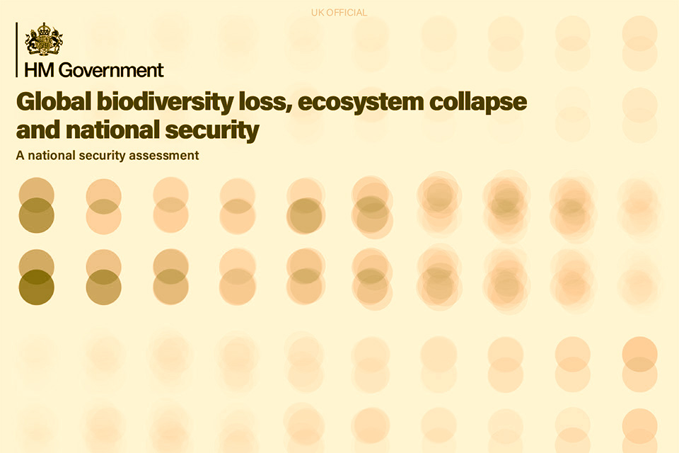a faded orange background, text reads Global biodiversity loss, ecosystem collapse and national security A national security assessment, rows of different shaded pairs of circles partially overlap