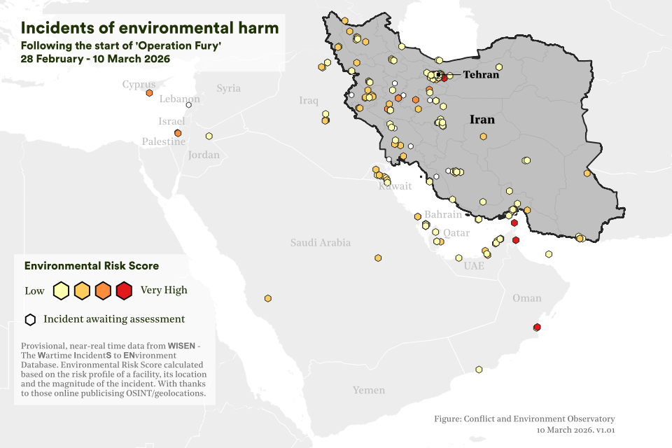 A map of countries in the Middle East. There are coloured markers at locations where there have been incidents causing environmental harm between 28 Feb and 10 Mar 2026. The colour of the marker relates to the magnitude of environmental risk. The most high risk incidents are situated along the Gulf coast and near Tehran.