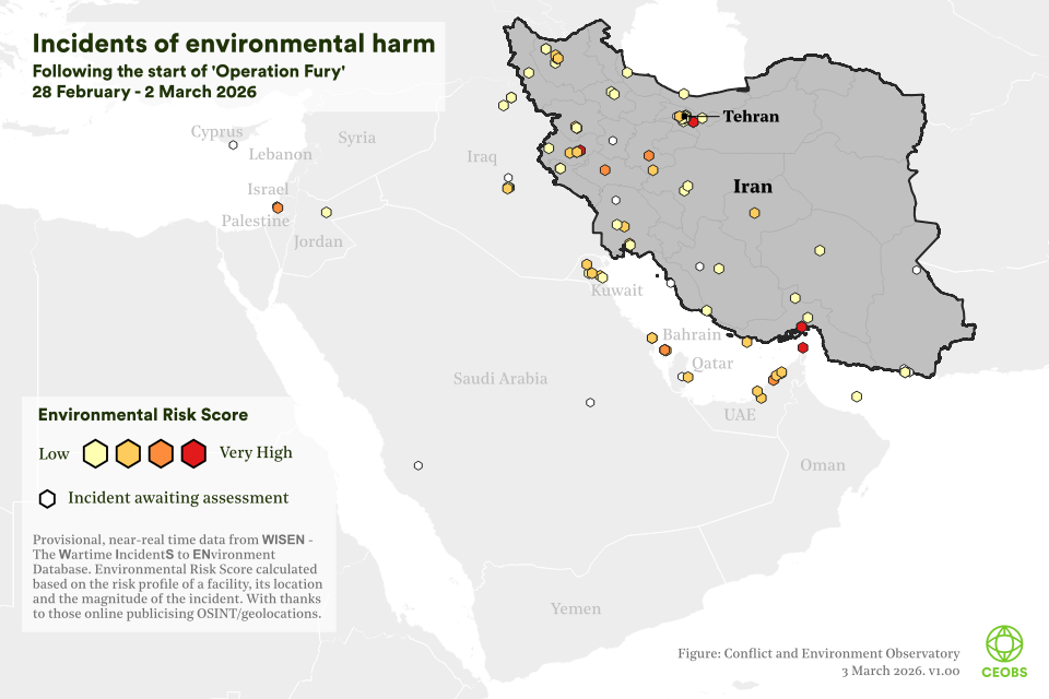A map of countries in the Middle East. There are coloured markers at locations where there have been incidents causing environmental harm between 28 Feb and 2 Mar 2026. The colour of the marker relates to the magnitude of environmental risk. The most high risk incidents are situated along the Gulf coast and near Tehran.