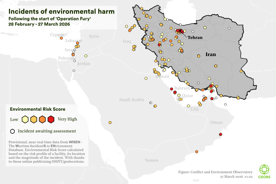 A map of countries in the Middle East. There are coloured markers at locations where there have been incidents causing environmental harm between 28 Feb and 27 Mar 2026. The colour of the marker relates to the magnitude of environmental risk. The most high risk incidents are situated along the Gulf coast and near Tehran.