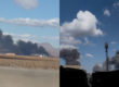 Left panel, a despite the blur a large black smoke plume spreads our parallel with the ground from a site n a flat plain backed by mountains. Right panel, the bottom of the image is blacked out but dark black plumes can be seen rising on the left and right hand sides into a blue sky, a communication mast is visible on the right.