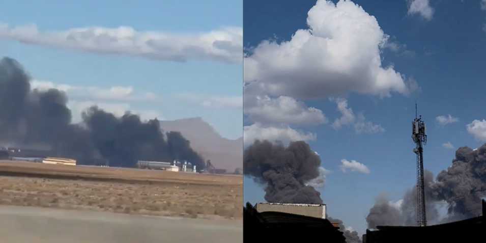 Left panel, a despite the blur a large black smoke plume spreads our parallel with the ground from a site n a flat plain backed by mountains. Right panel, the bottom of the image is blacked out but dark black plumes can be seen rising on the left and right hand sides into a blue sky, a communication mast is visible on the right.