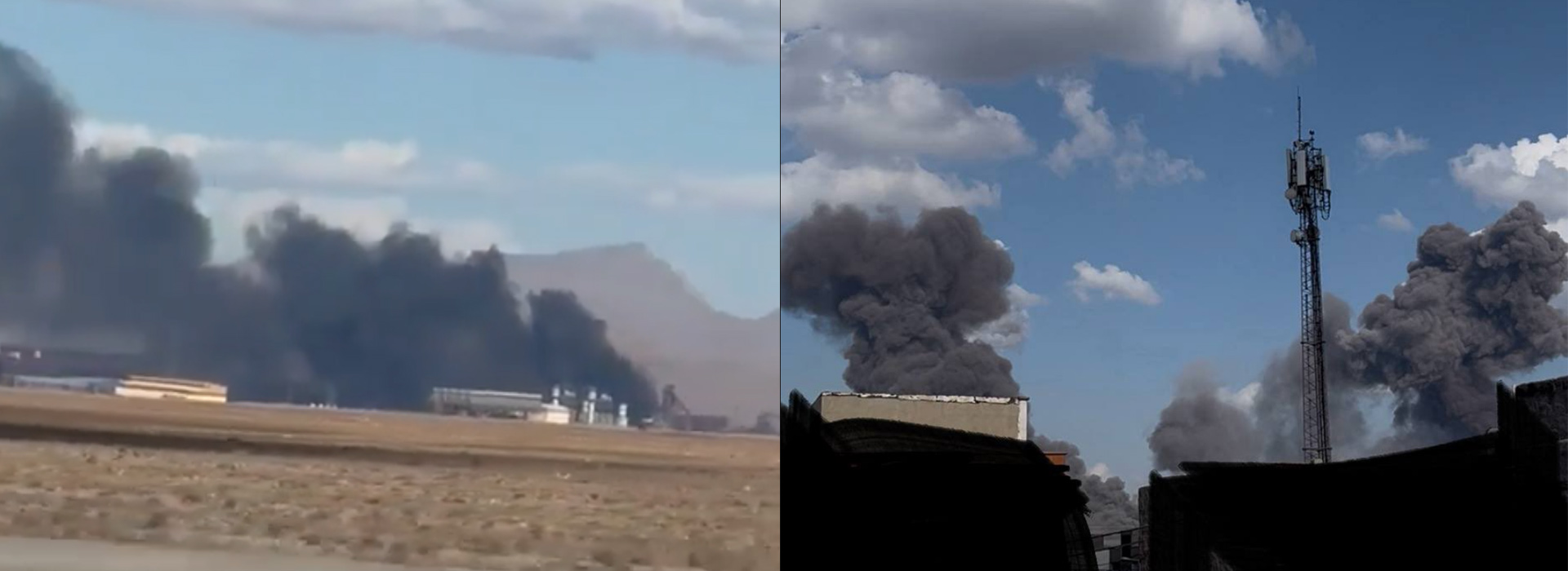 Left panel, a despite the blur a large black smoke plume spreads our parallel with the ground from a site n a flat plain backed by mountains. Right panel, the bottom of the image is blacked out but dark black plumes can be seen rising on the left and right hand sides into a blue sky, a communication mast is visible on the right.