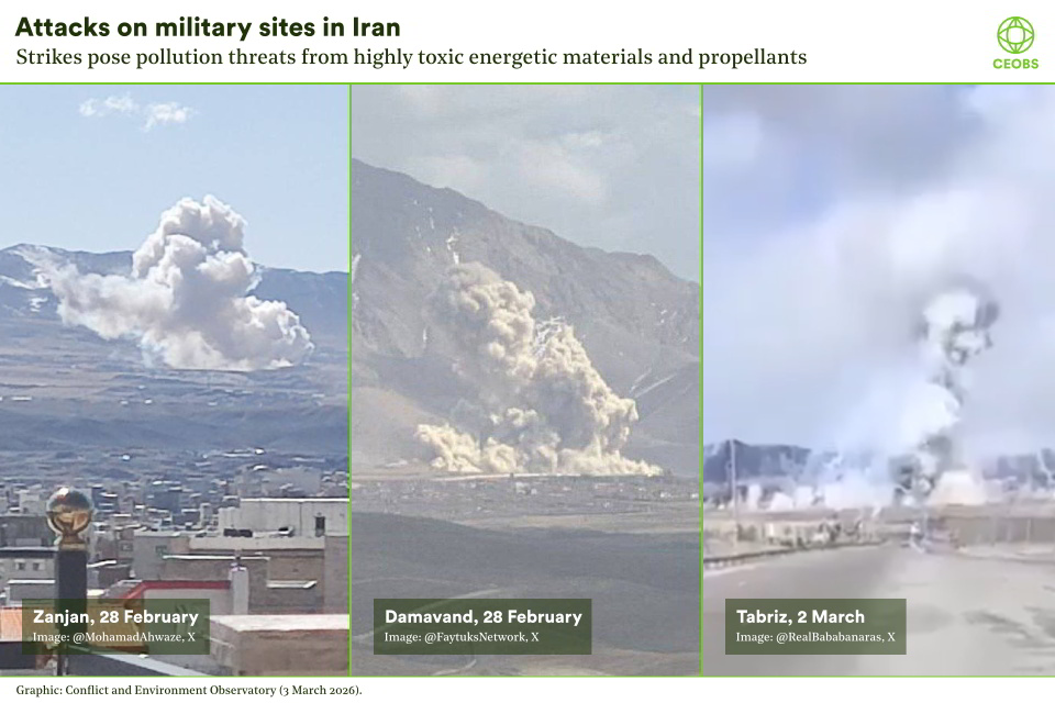 Three images of explosions occuring at military sites in different locations across Iran.