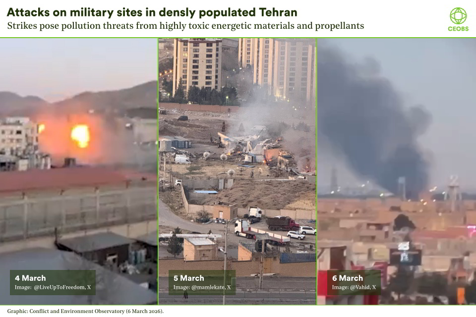 Three images of explosions and smoke plumes at military sites in populated areas of Tehran.