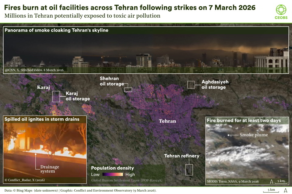 Map showing the location of the oil facilities in Tehran that were struck overnight on 7/8th March. Insets displaying a panoramic view of darkened skies from smoke pollution, a flaming storm drain and a satellite image of the smoke plume from MODIS on the morning of 9th March.