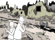A cartoon, two figures look at samples in front of a river full of debris backed by bombed out buildings, an oil drum leaks into the river and dead fish can be seen.