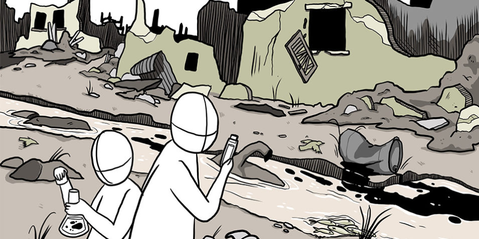 A cartoon, two figures look at samples in front of a river full of debris backed by bombed out buildings, an oil drum leaks into the river and dead fish can be seen.