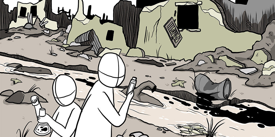 A cartoon, two figures look at samples in front of a river full of debris backed by bombed out buildings, an oil drum leaks into the river and dead fish can be seen.