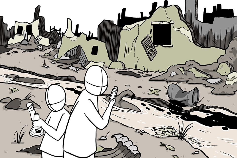 A cartoon, two figures look at samples in front of a river full of debris backed by bombed out buildings, an oil drum leaks into the river and dead fish can be seen.