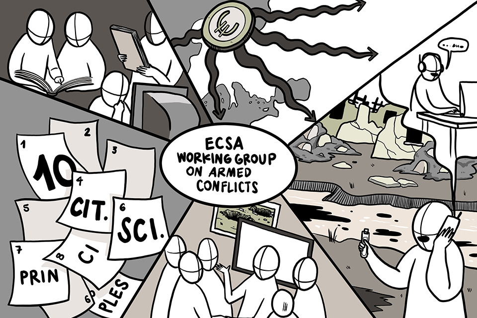 Cartoon with five panels showing potential activities for the working group, including provinding technical advice, helping direct funding to affected areas and working on the principles of citizen science.