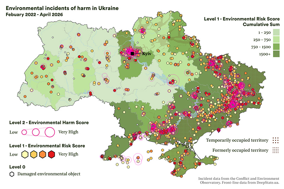 A map of Ukraine featuring incidents from our WISEN database. Oblasts are tinted based on the cumulative environmental risk score from incidents, revealing Kyiv and the eastern Oblasts to be more impacted. The incident markers are coloured to show the level of environmental risk from each one, while pink rings around them denote the degree of environmental harm.