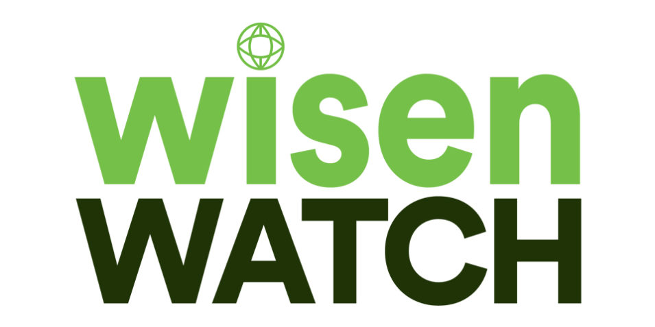 The Wisen WATCH logo, Wisen in bold green text, with the CEOBS logo as the dot of the I, below the word WATCH in very dark green.