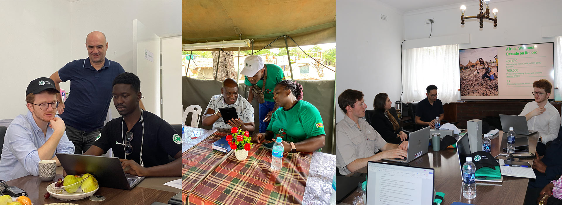 Three image composite: 1) Two men use a laptop while a third, smiling looks on; 2) A man and a woman seated use a tablet while a man looks on, they are at a table in a tent; five men and women are seated around a conference table, there is a screen with a presentation behind them.