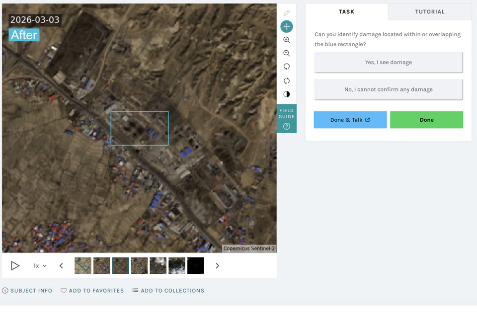 Wisen WATCH screengrab, a square high resolution satellite image has a blue rectangle drawn in it around a facility, the task tab prompts the user to answer yes, I see damage, or no, I cannot confirm any damage.