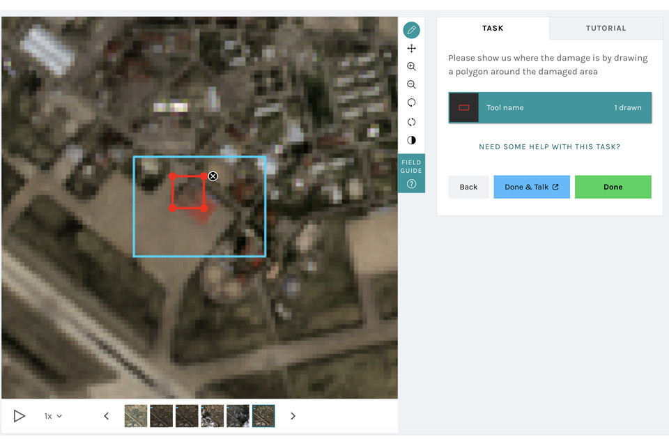 Wisen WATCH screengrab, a square high resolution satellite image has a blue box in which a smaller red square has been drawn, this is to highlight an area of damage found in the image; tabs show the task and tutorial, which features a welcome note.