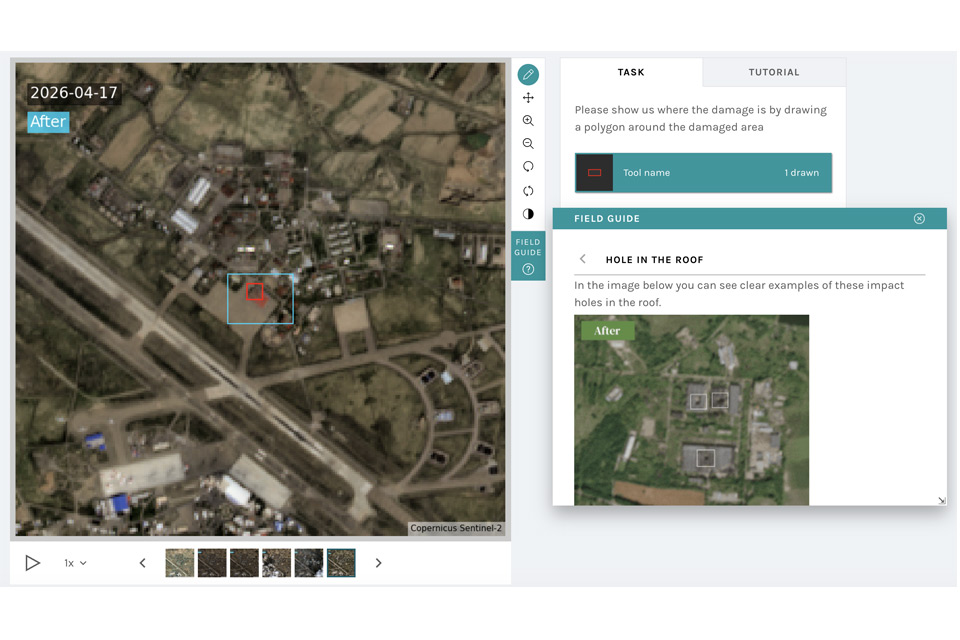 Wisen WATCH screengrab, a square high resolution satellite image has a blue box in which a smaller red square has been drawn, this is to highlight an area of damage found in the image; a pop up box titled field guide shows the user how to identify a hole in a roof; tabs show the task and tutorial, which features a welcome note.