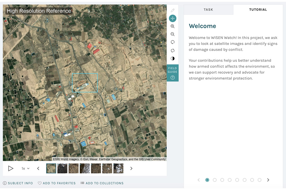 Wisen WATCH screengrab, a square high resolution satellite image has a blue box centred on a building, with image controls to the right; tabs show the task and tutorial, which features a welcome note.