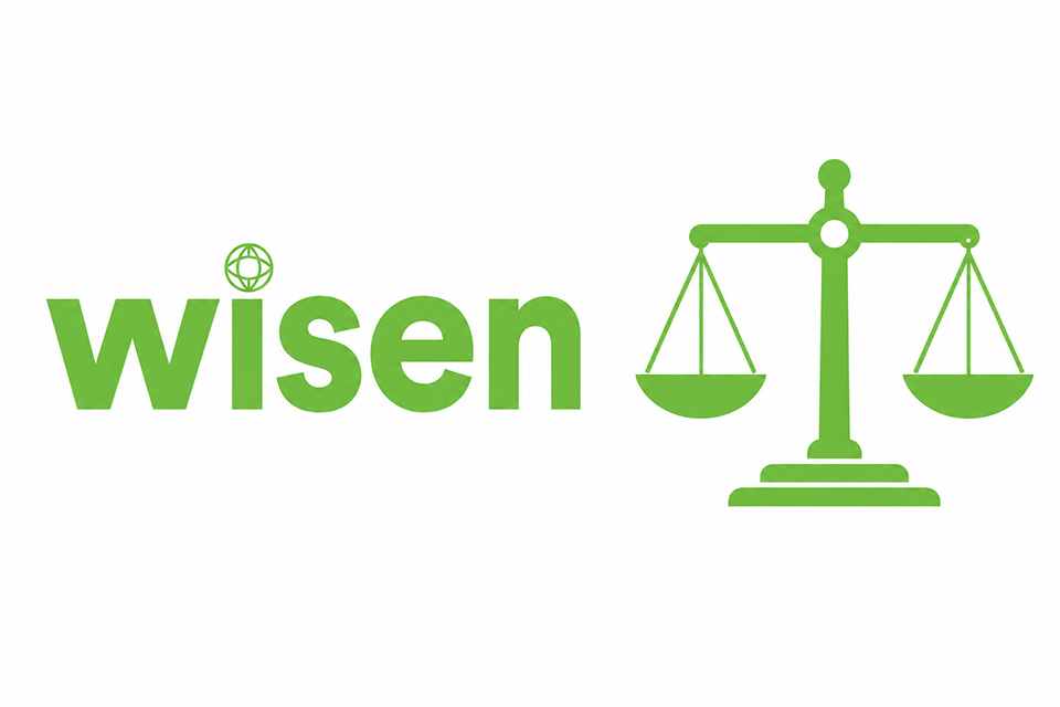 The wisen logo - the word in bold lower case font in green with the dot above the i a small CEOBS logo, to the right a scales of justice, both in green on white background.