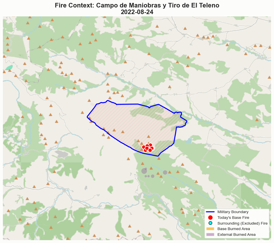 Animated map, a blue line marks the boundary of a military areas, red clustered dots appear showing the location of fires within the boundary, blue dots fires beyond it.