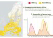 Left, a map of continental Europe, yellow shading representing non-military fires is most intense in the south, becoming more sparse into Scandinavia and the north. Military fires are picked out in red and distributed across all countries. To the right a histogram shows the seasonality of fires, with military fires showing an unusual peak in the first 3 months of the year, as well as peaks in the summer.