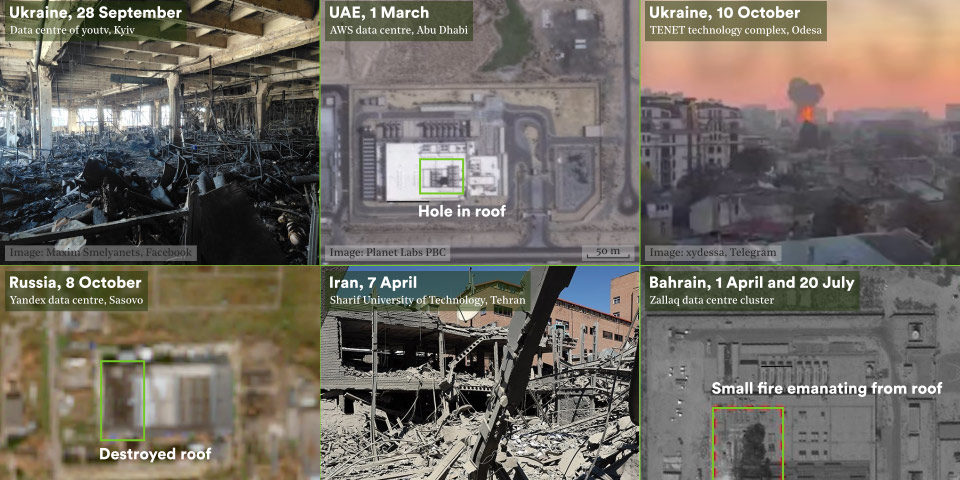 A collage of six images showing damage to data centres, including satellite imagery and on the ground photos from social media.