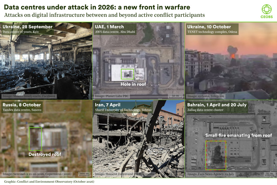 A collage of six images showing damage to data centres, including satellite imagery and on the ground photos from social media.
