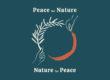 Logo for peace for nature: a circle is made by a hand holding an olive branch, another a long feather, text above reads peace for nature, below, nature for peace.