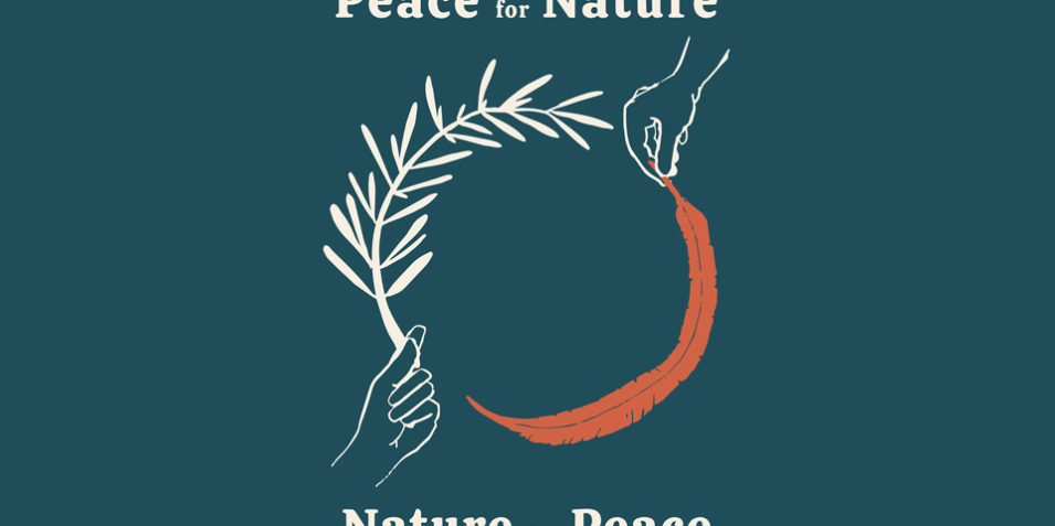 Logo for peace for nature: a circle is made by a hand holding an olive branch, another a long feather, text above reads peace for nature, below, nature for peace.